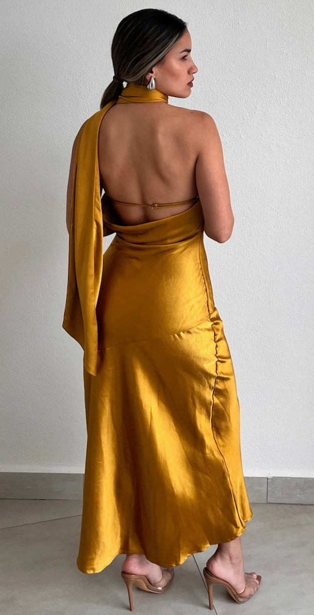 Still the One Mustard One-Shoulder Satin Midi Dress