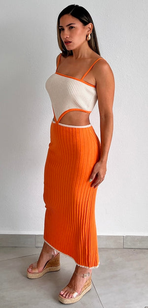 Tropical Dream Orange Knit Midi Dress