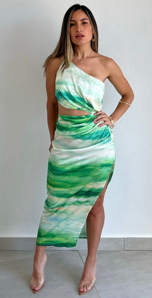 Glamorous Ways Green Print One-Shoulder Midi Dress