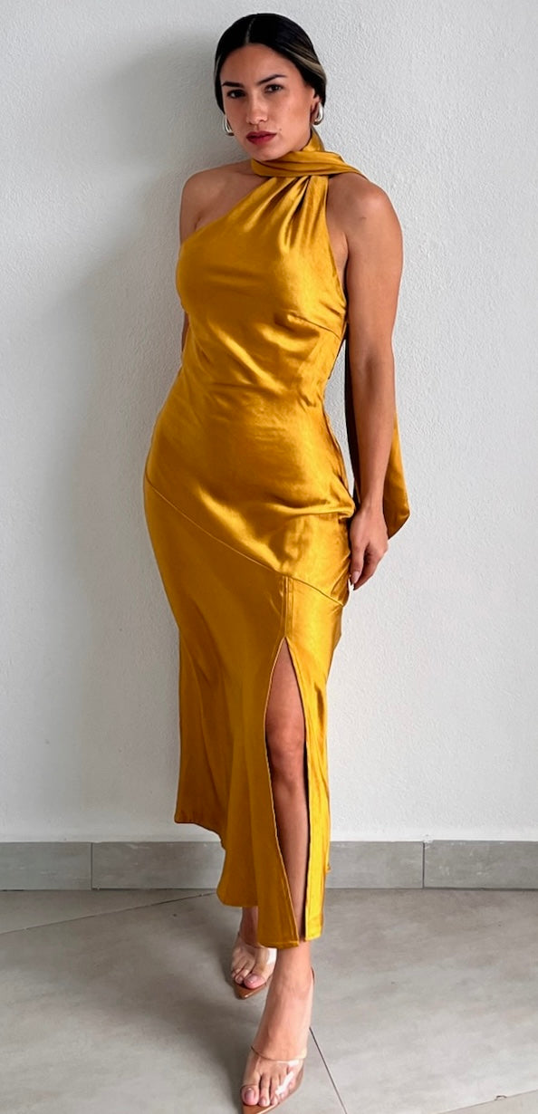 Still the One Mustard One-Shoulder Satin Midi Dress