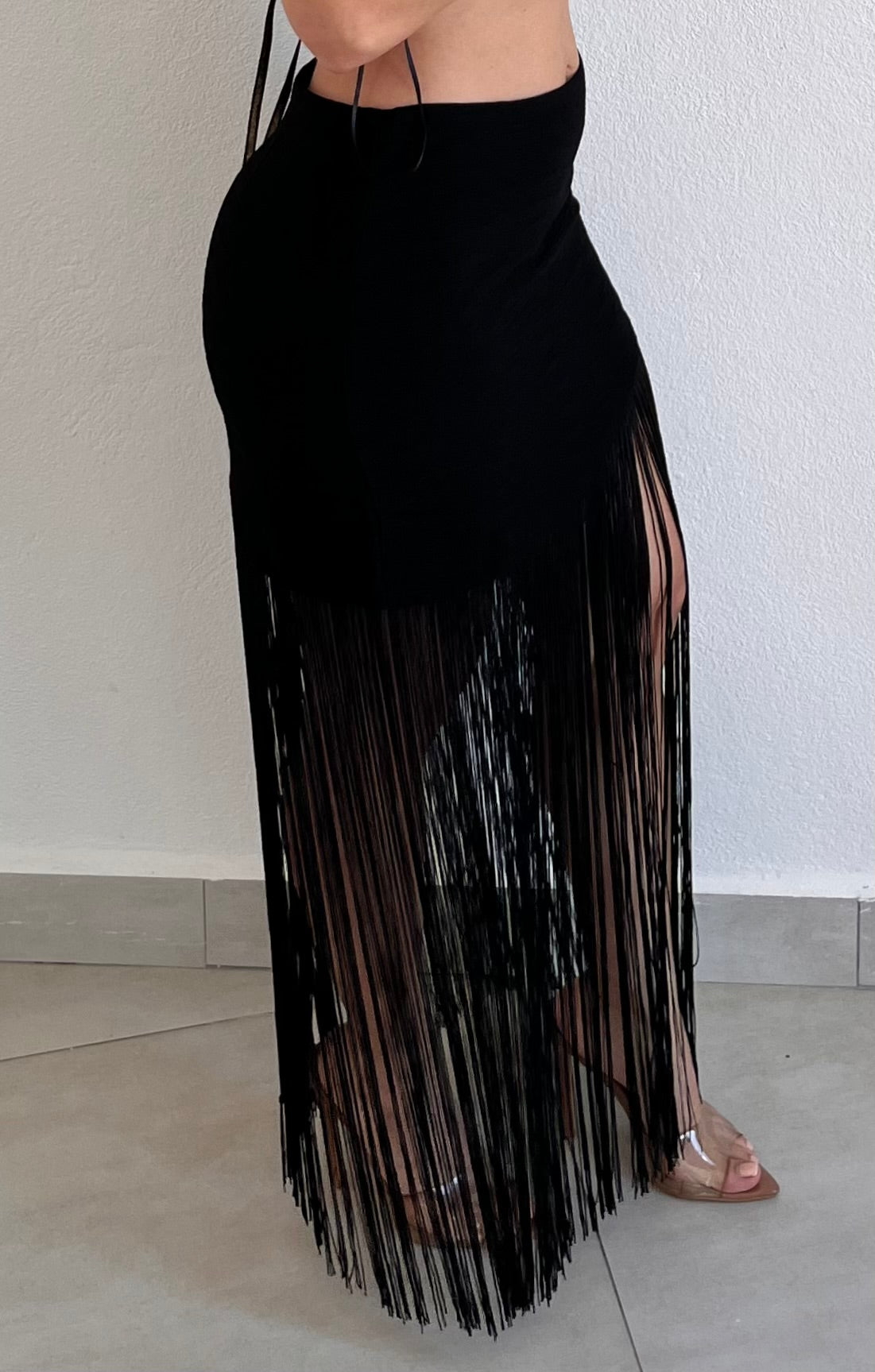 That Fringes Black Asymmetrical Skirt