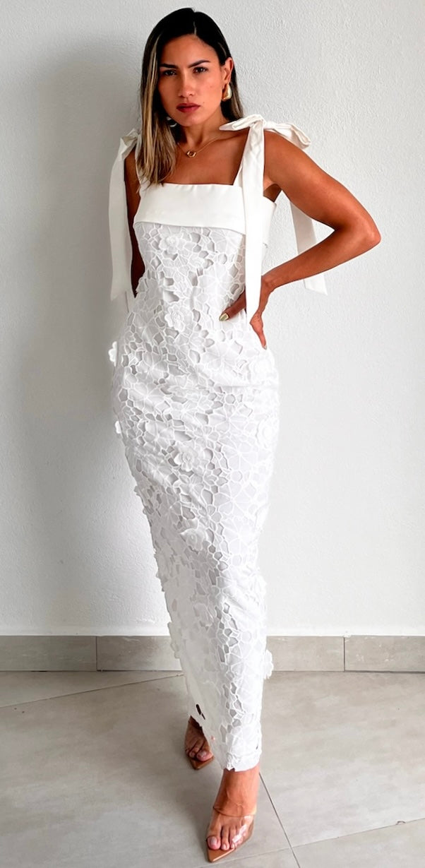 Romantic Language White Crochet Midi Dress