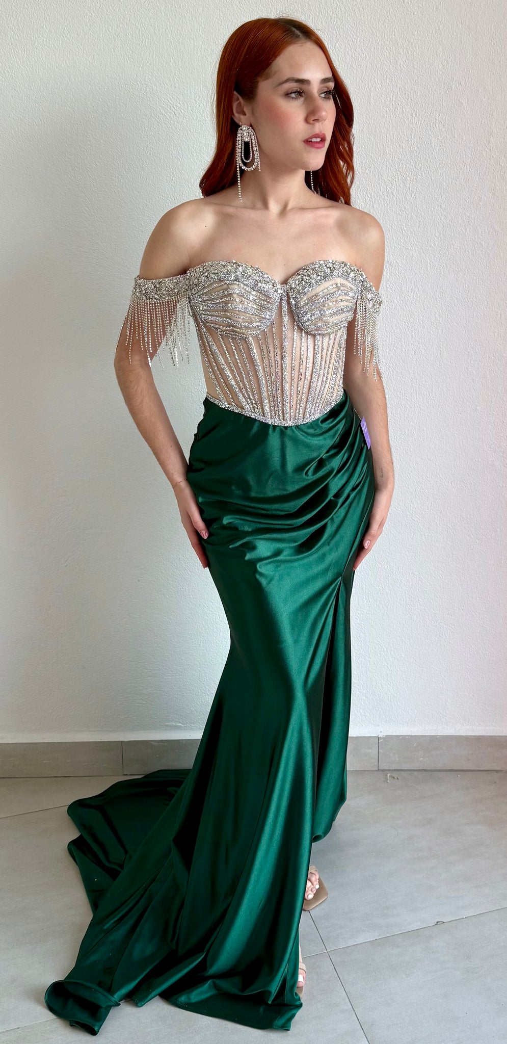 Glamorous Entrance Emerald Rhinestones Off Shoulder Gown