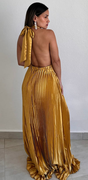 Flawless Expression Gold Pleated Long Dress