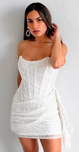 Spice Things Up White Sequins Corset Mini Dress