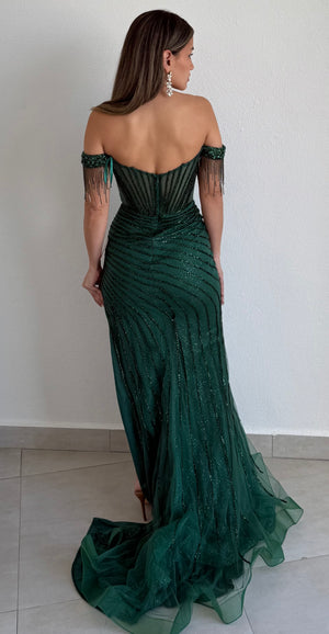 Glamorous Entrance Emerald Rhinestones Off Shoulder Gown