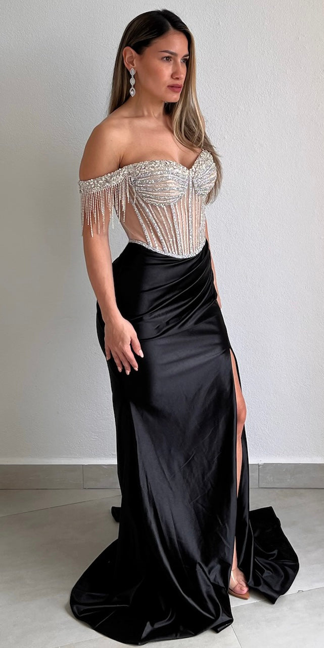 Glamorous Entrance Black Rhinestones Off Shoulder Gown