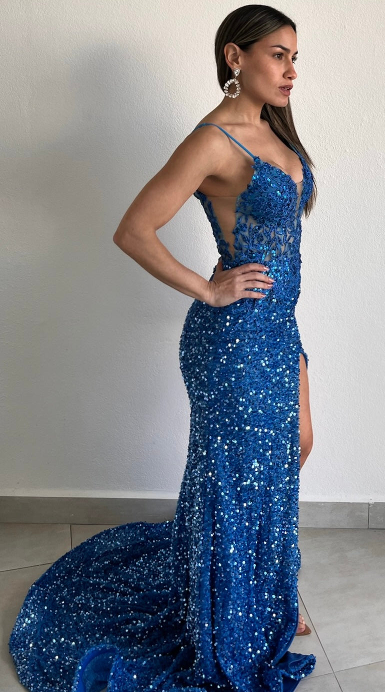 Shining Romance Blue Lace & Sequins Formal Gown