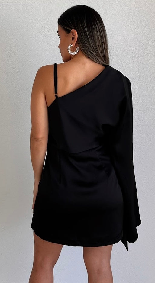 Majestic Energy Black Cape One-Shoulder Dress