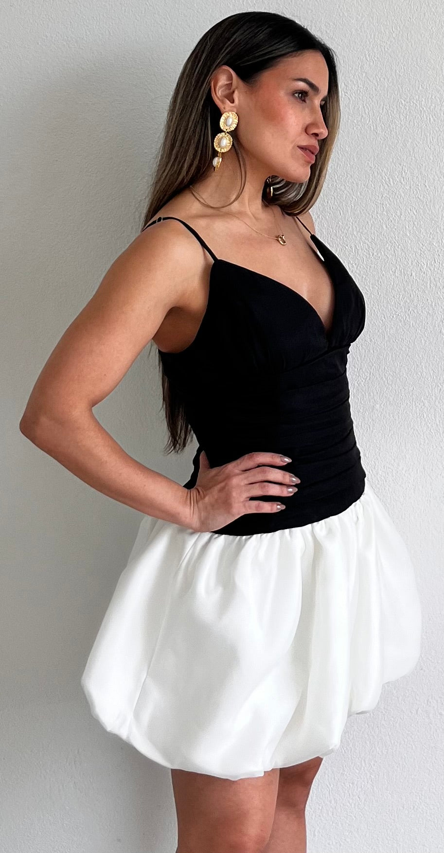 Life in Black & White Bubble Satin Mini Dress