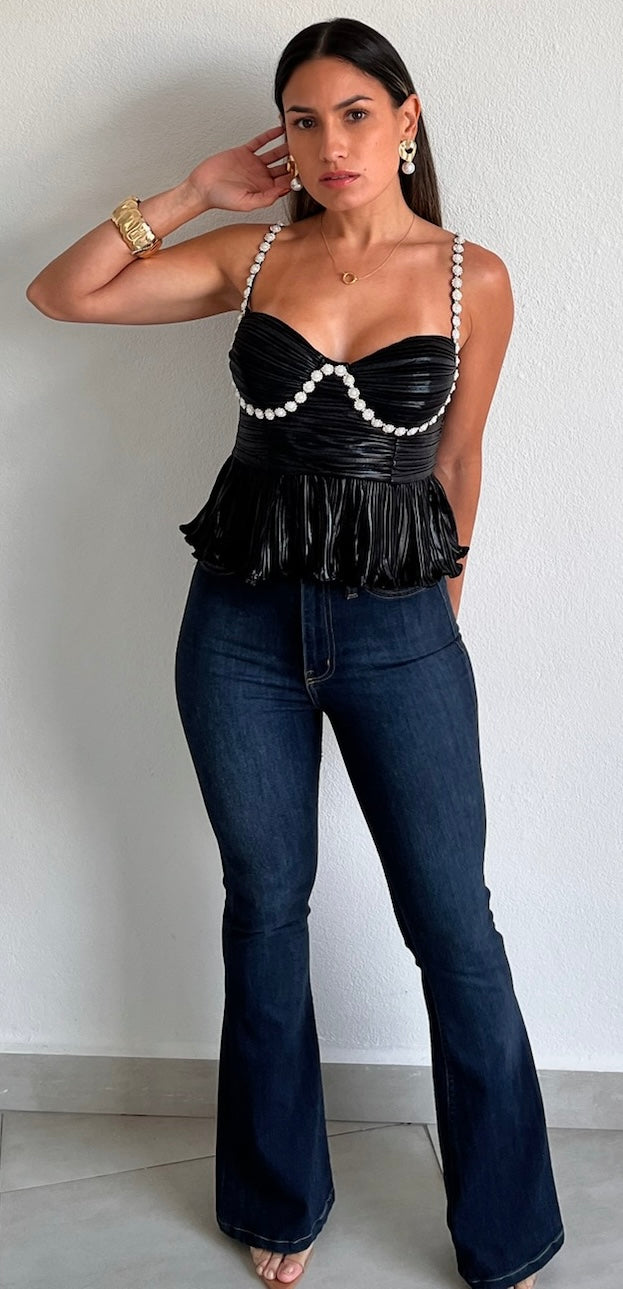 Radiant Moment Black Metallic & Pearls Top