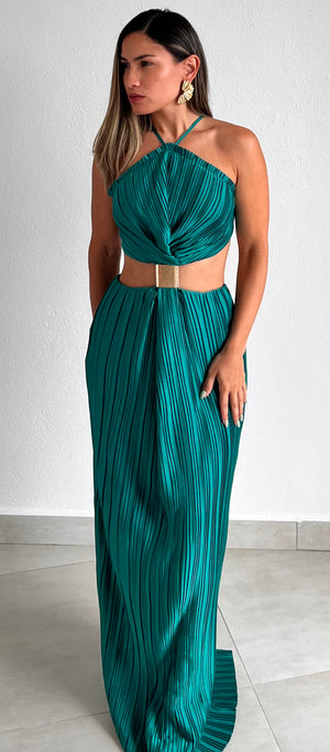 emerald green pleated maxi dress Garden Pleats Column Dress Emerald / M