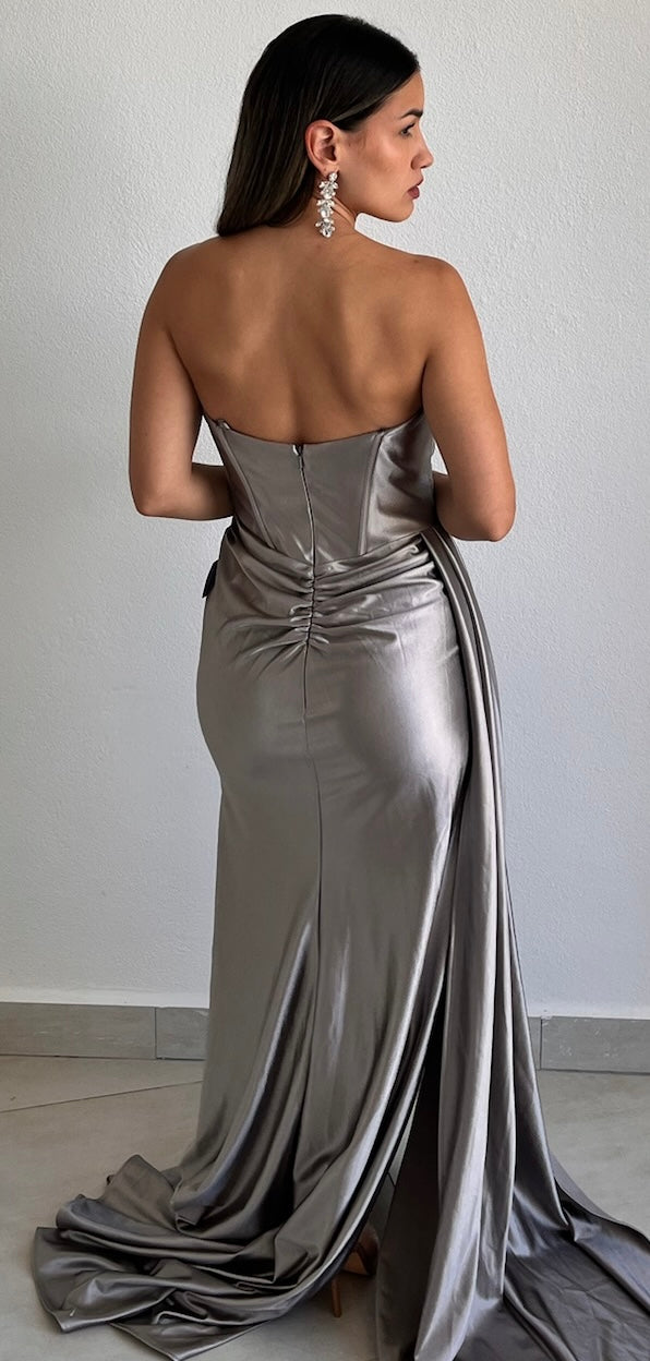 Keep it Regal Silver Strapless Satin Formal Gown