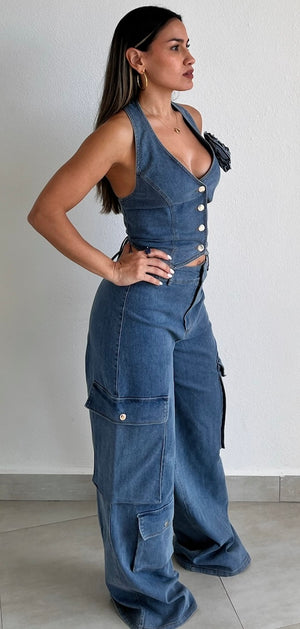 A Perfection Denim Vest Two-Piece Set