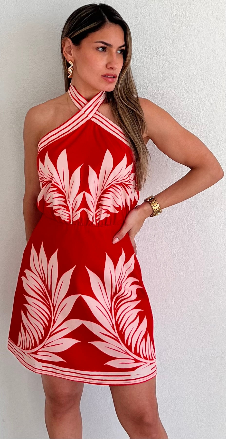 Follow the Summer in Red Tropical Print Dress