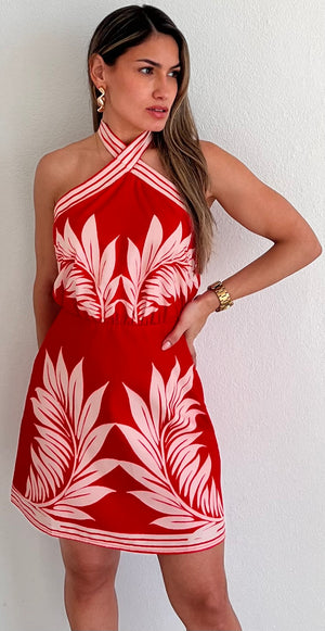 Follow the Summer in Red Tropical Print Dress