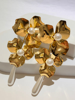 Aster Gold Flower & Pearls Statement Earrings