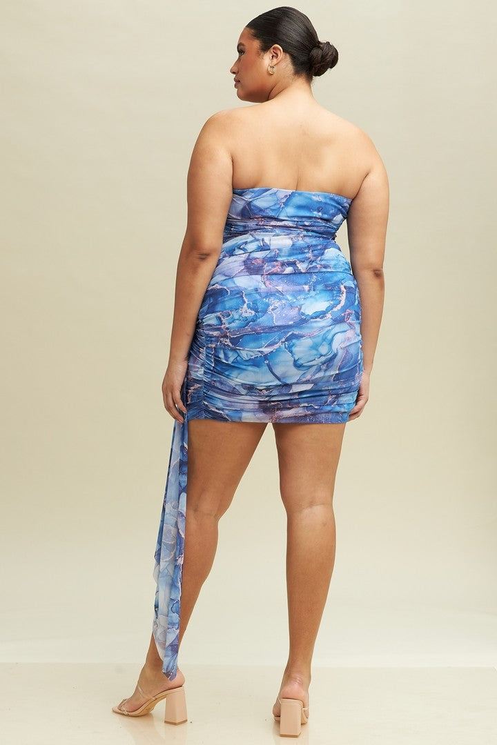 Chic & Marble Blue Print Strapless Dress