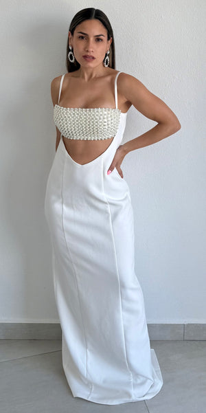 Flirty Luxury White Pearls Maxi Dress