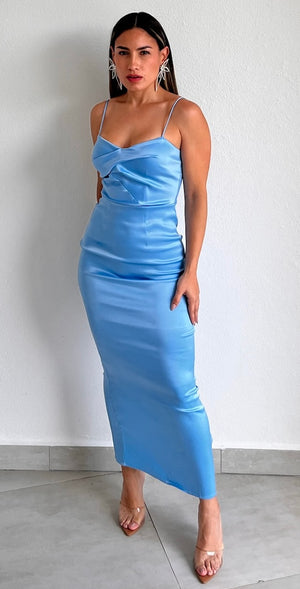 Enchanted Moment Light Blue Satin Midi Dress