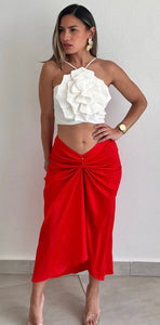 Pleasant Poise Red Satin Midi Skirt