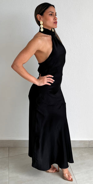 Still the One Black One-Shoulder Satin Midi Dress