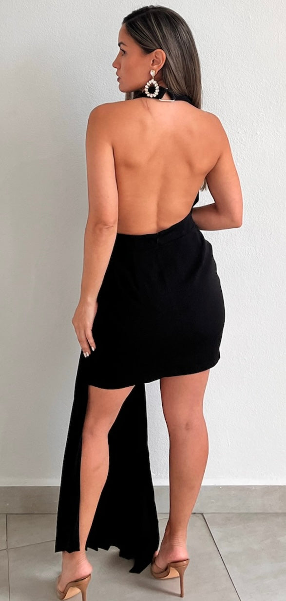 Simply a Stunner Black Halter Pleated Dress