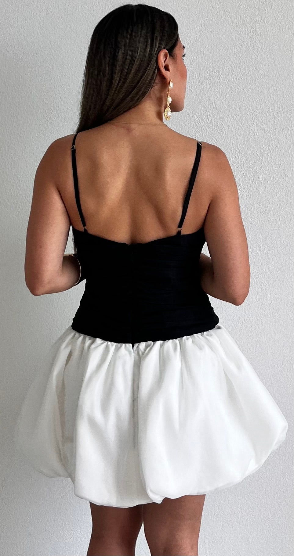 Life in Black & White Bubble Satin Mini Dress