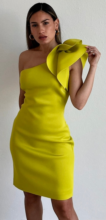 Signature Elegance Lime One-Shoulder Midi Dress