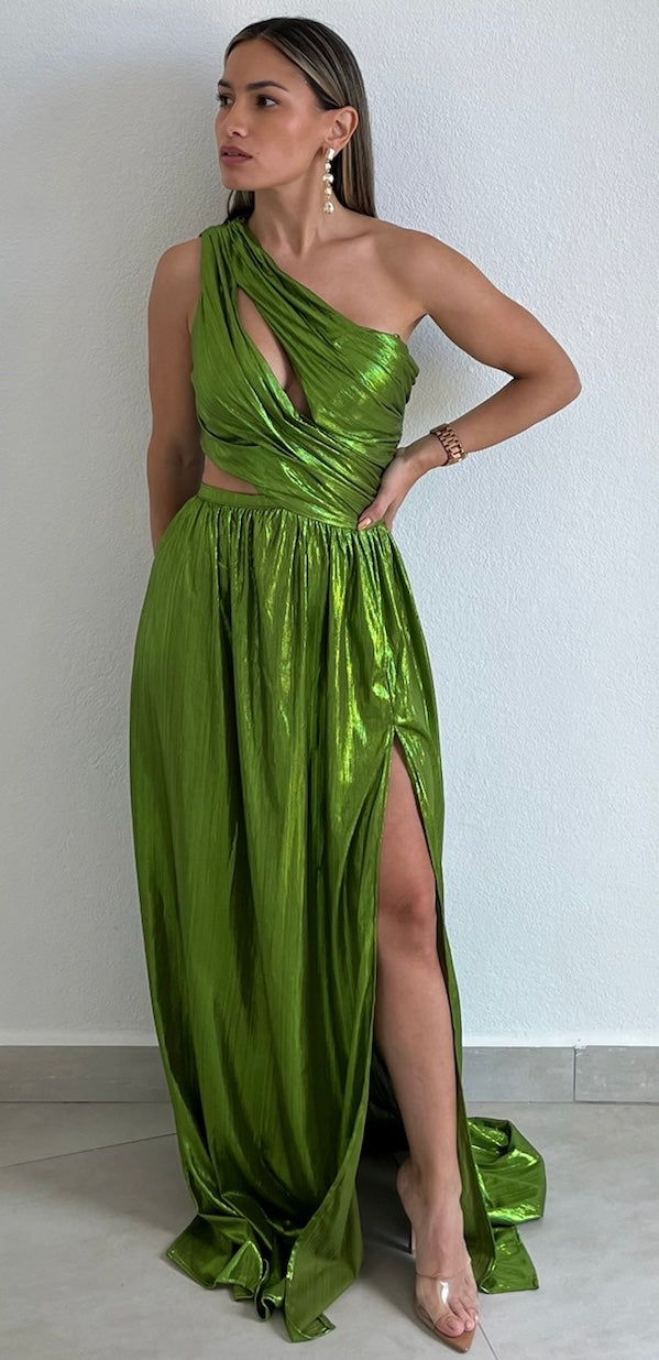green metallic one shoulder dress Metallic One Shoulder Pleated Lace Up Back Trumpet Dress with Side Cascade missy / 0 / dark-green