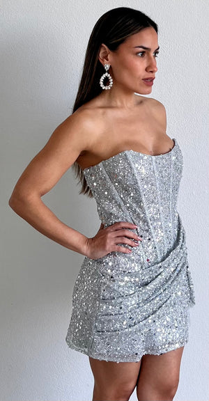 Spice Things Up Silver Sequins Corset Mini Dress