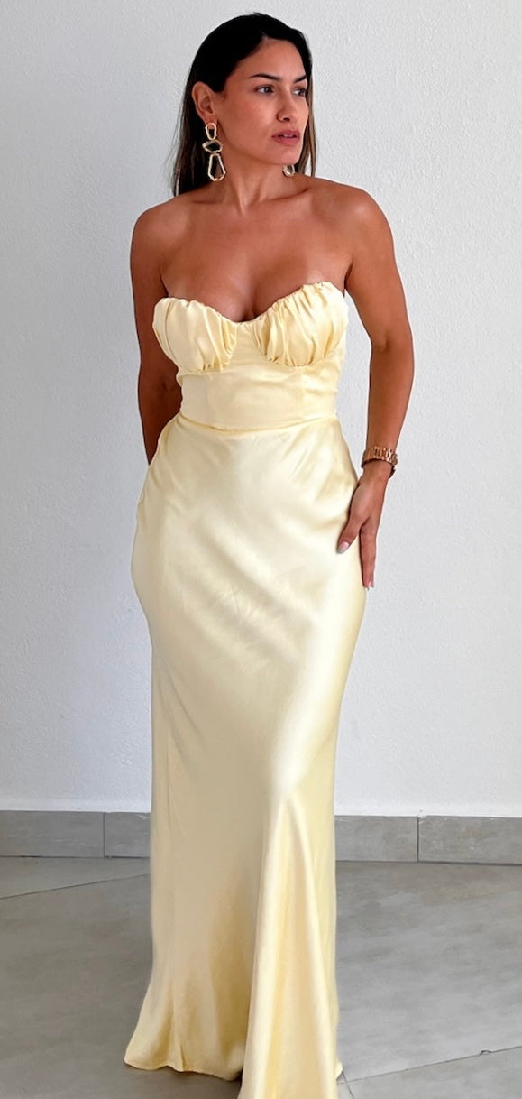 lemon satin dress Devin Satin Maxi Dress In Lemon Yellow