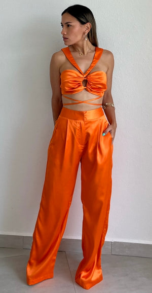 Pur-Suit of Perfection Orange Satin Two-Piece Set