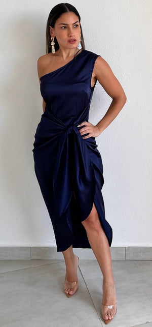 Classy Attitude One-Shoulder Navy Satin Midi Dress