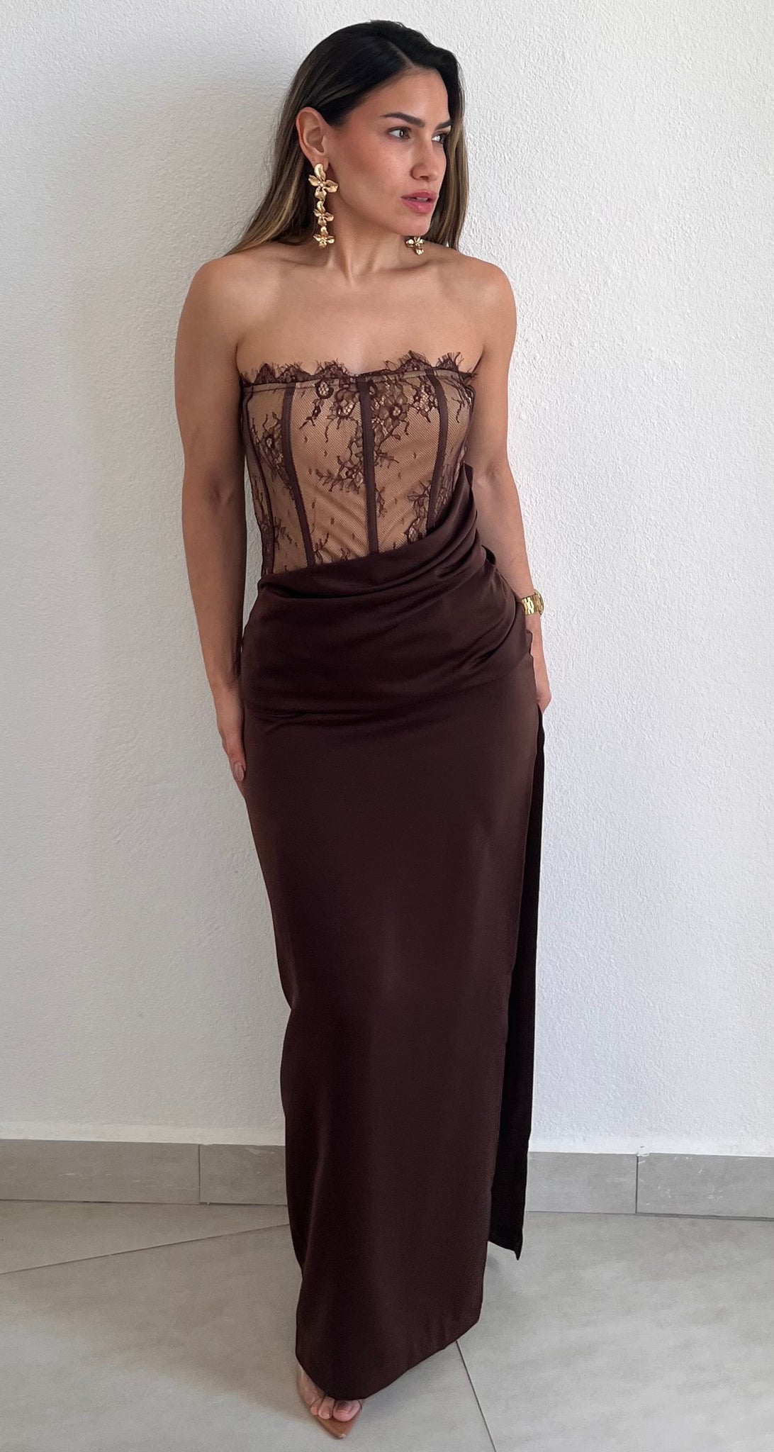 Showing Off a Little Brown Lace Maxi Dress