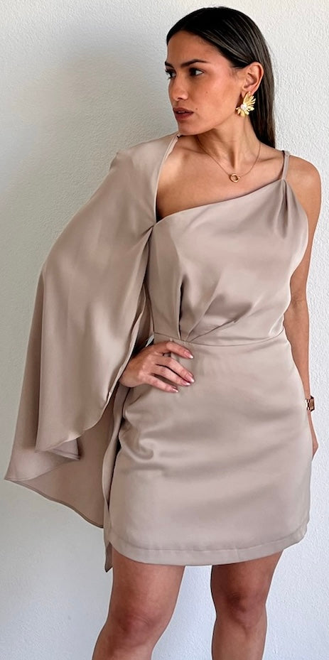 Majestic Energy Champagne Cape One-Shoulder Dress