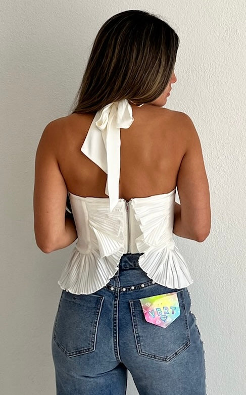 Impressive Style Pleated White Halted Top