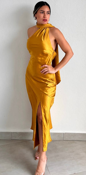 Still the One Mustard One-Shoulder Satin Midi Dress