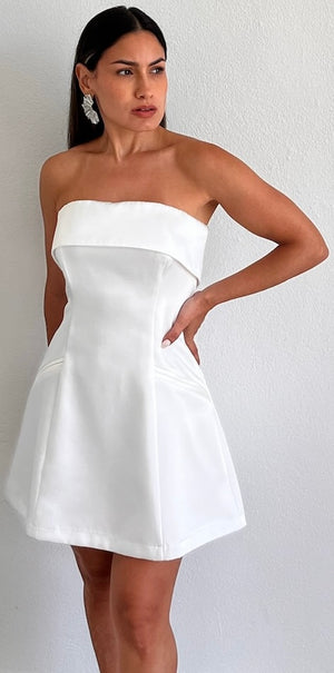 white satin flare dress Azazie Colette
