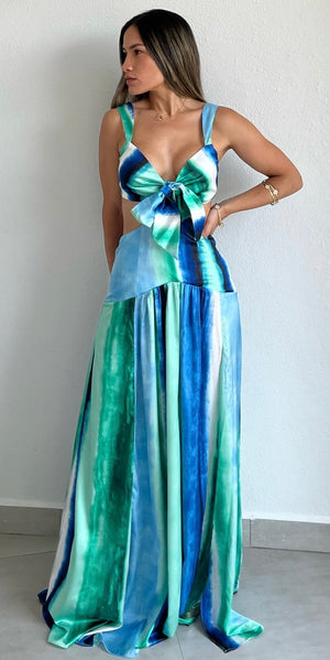 Work of Art Blue Print Satin Maxi Dress