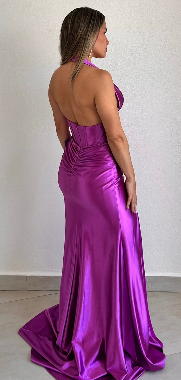 Simply Enchanted Orchid Halter Satin Gown