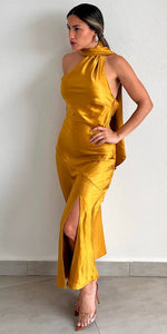 Still the One Mustard One-Shoulder Satin Midi Dress