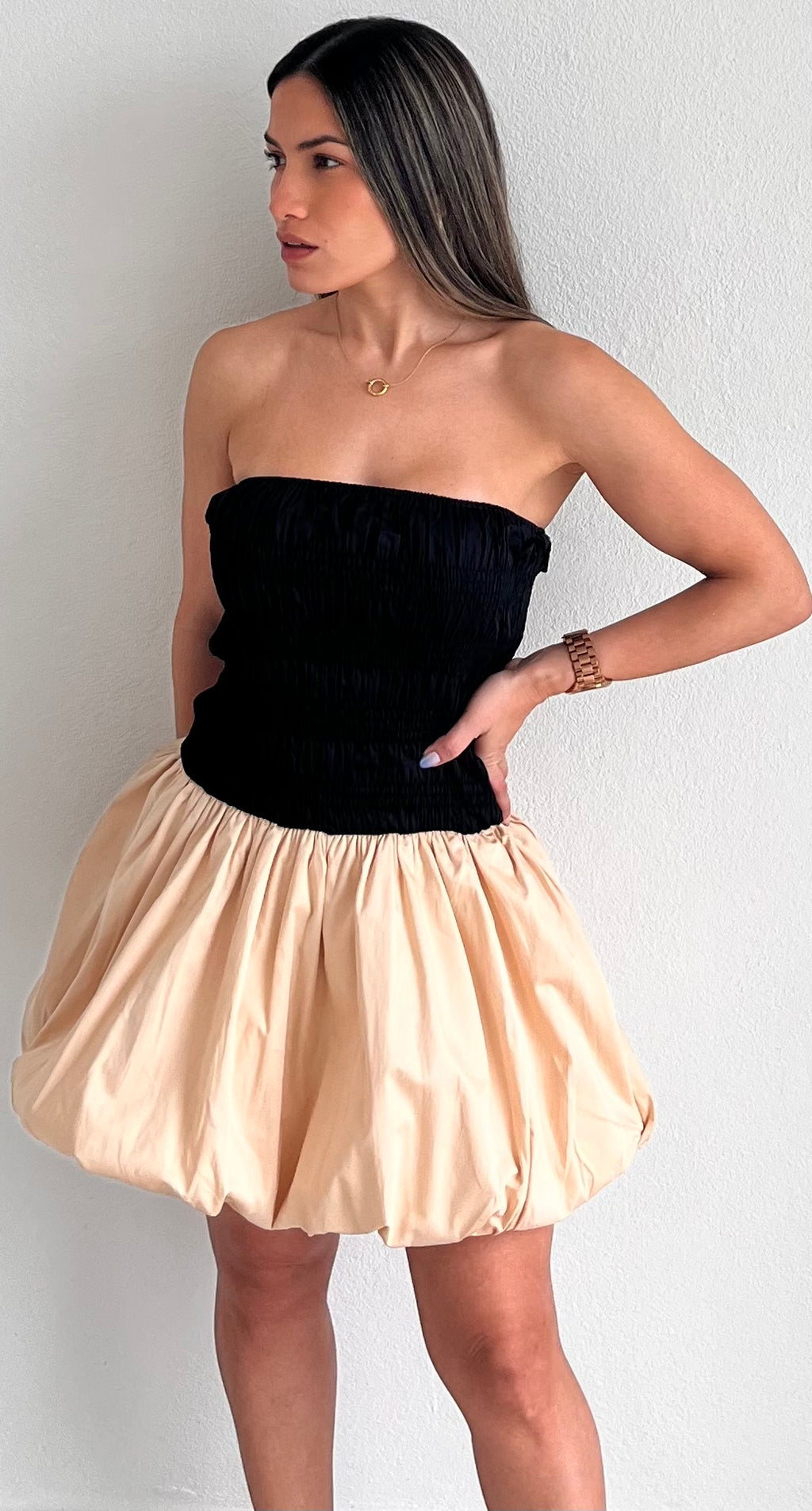 Approachably Adorable Black & Beige Bubble Dress