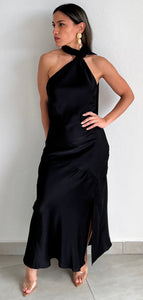 Still the One Black One-Shoulder Satin Midi Dress