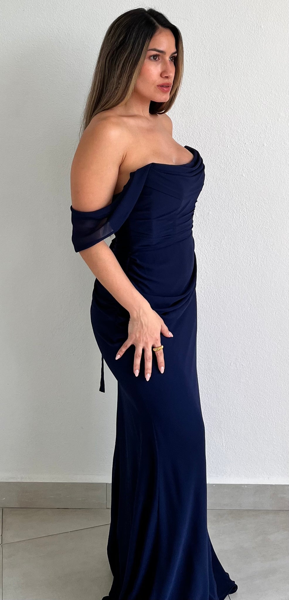 Special Moment Off-Shoulder Navy Formal Gown