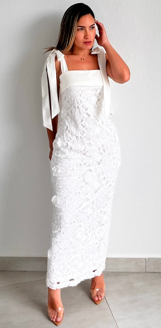 Romantic Language White Crochet Midi Dress