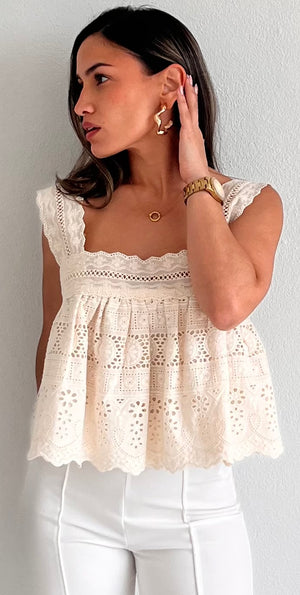 Sweet at Heart Beige Eyelet Flare Top