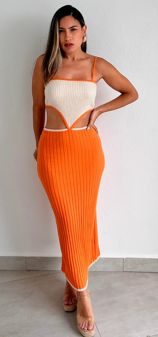 Tropical Dream Orange Knit Midi Dress