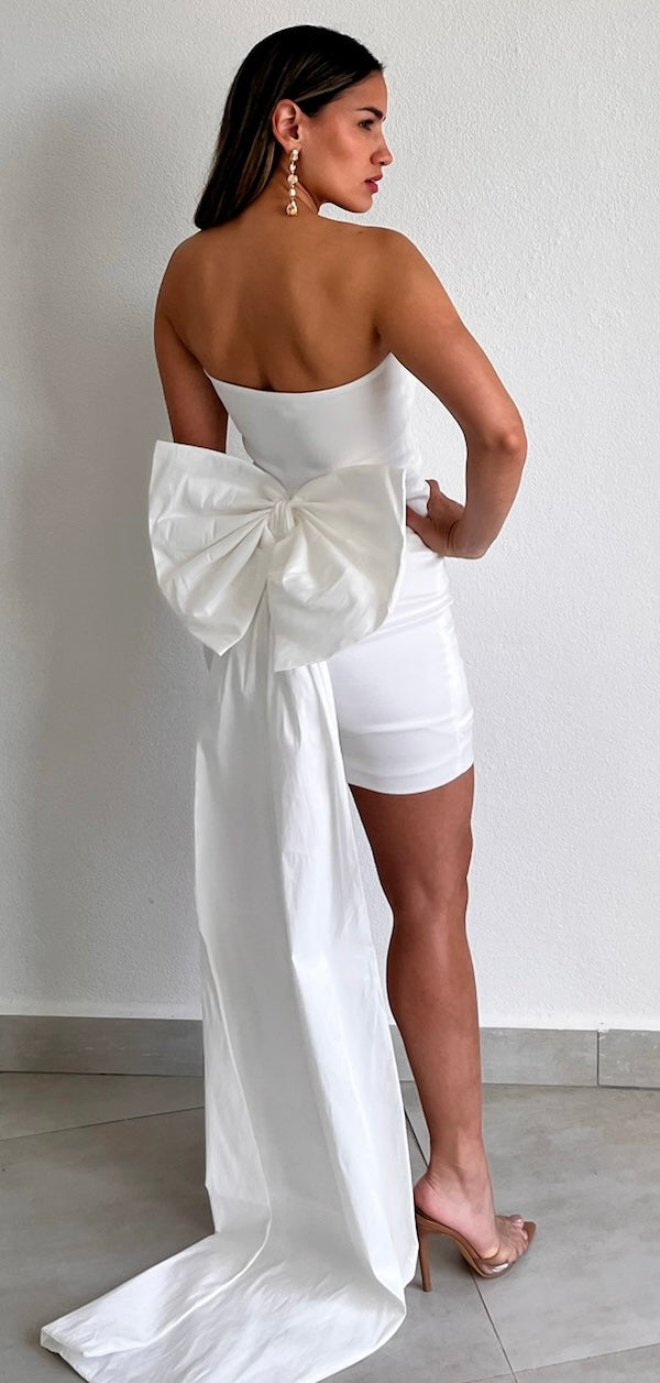 Ohh Bow White Strapless Bodycon Dress