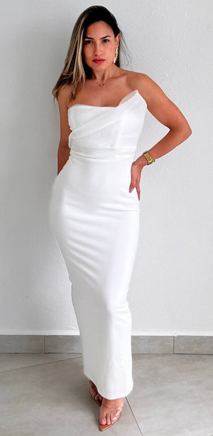 Divide & Contour White Strapless Midi Dress